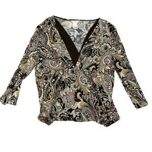 Vintage 90s V-Neck Babydoll Top Womens Large Brown Tan Paisley Whimsigoth Indie